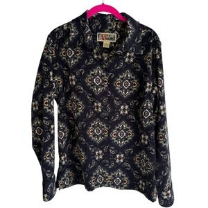LA CABANA Navy Blue Paisley Medallion Art Deco Long Sleeve Ladies Button Down, L